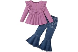 Sislerew Toddler Girl Clothes Solid Color Ruffle Bowtie Top and Flare Pants Headband 3Pcs Winter Baby Girl Outfits