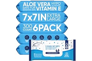 Air Jungles Flushable Wet Wipe With Aloe & Vitamin E, 300 Wipes Extra Large 7 x7 In, Ultra Soft for Adults Kids & Baby Sensit