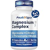 5 in 1 Magnesium Complex, 976mg Complex with Magnesium Glycinate, Citrate, Malate & L-Threonate, Vitamin B6 for High Absorption, Third Party Tested, Gluten-Free, Easy-Swallow Vegan Capsule