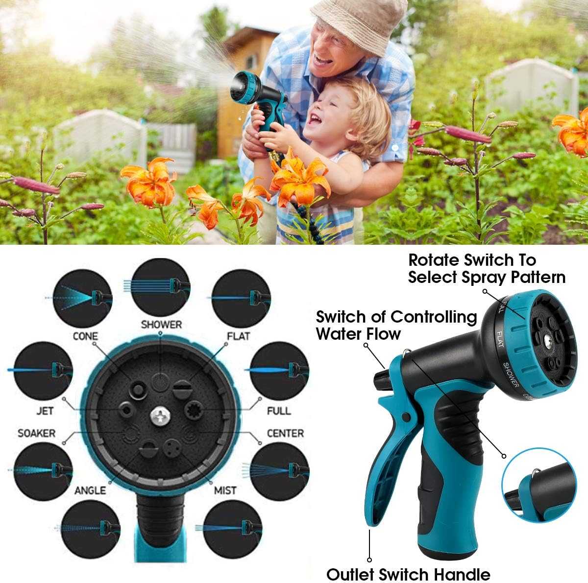 50 FT Expandable Garden Hose, Upgraded Leakproof Flexible Water Hose，With 9 Function High-Pressure Spray Nozzle and 4-Layers Flex Strong Latex, With 3/4" Hose Splitter for Watering and Washing: Home Improvement