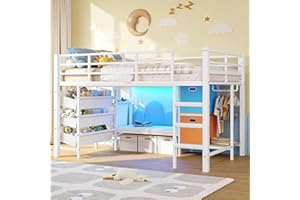 DICTAC Low Loft Bed Twin Size with Reading Corner Metal Twin Loft Bed with LED Lights,Sling Drawers and Bookshelf,loft Bed with Storage Basket and Bins,13.98" H Safety Guardrail and Stairs,White