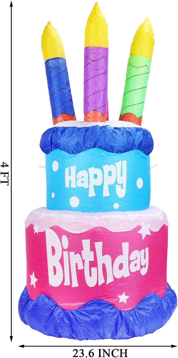 MUMTOP 4 Foot Tall Inflatable Happy Birthday Cake with 4 Candle Indoor Outdoor LED Light Holiday Decorations, Blow up Lighted Garden Decor, Lawn Inflatable Home Yard Party Favor Decoration: Garden & Outdoor