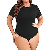 FOREYOND Plus Size Bodysuits for Women Short Sleeve Scoop Neck Bodysuit One Piece Body Suit Tops