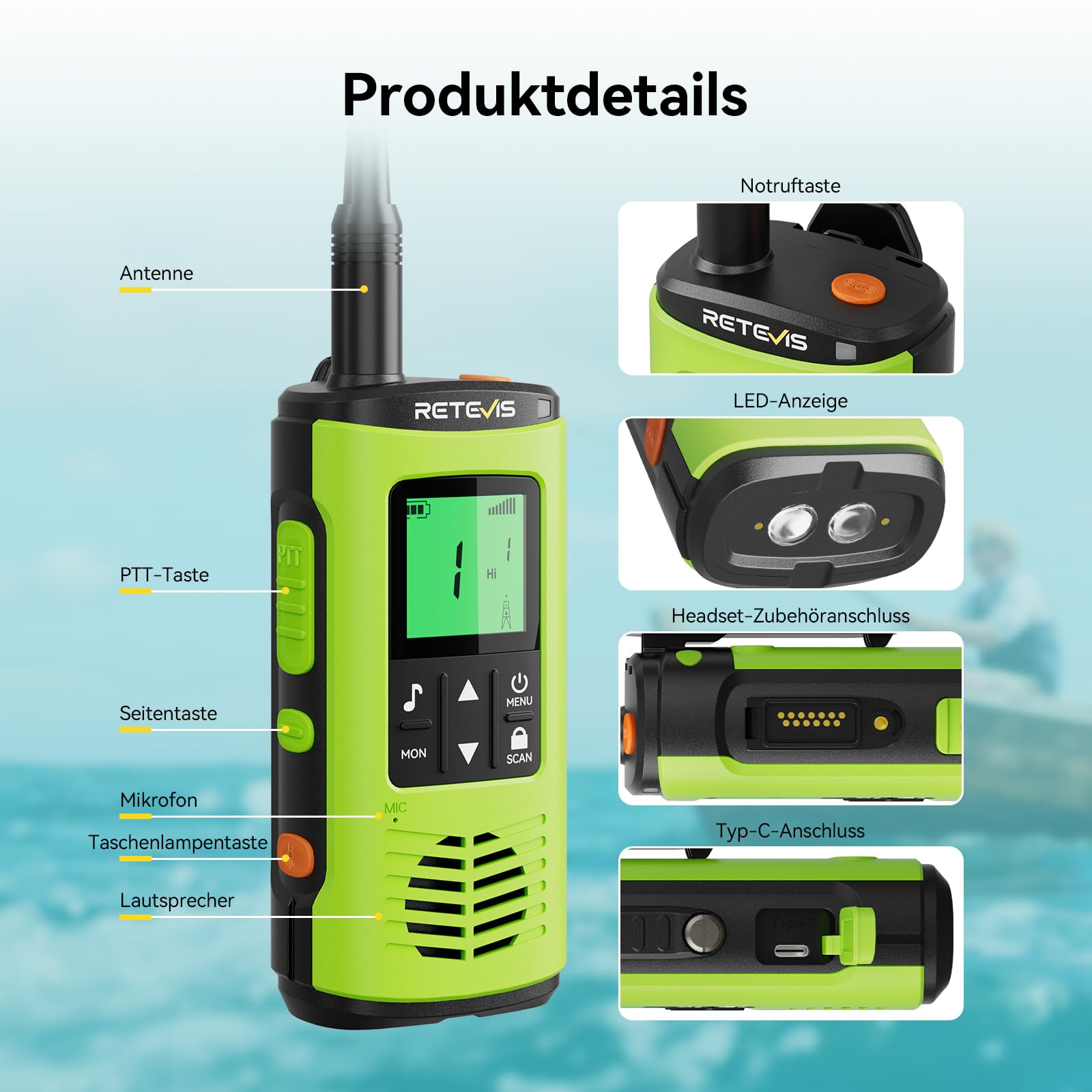 Retevis EZTalk 64S Walkie Talkie, IP68 Wasserdichtes Langstrecken Funkgerät, RT649P 2.0, Korrosionsbeständige, Rechargeable, Taschenlampe, SOS-Alarm, Funkgerät für Kajak Angeln (1 Paar) 7
