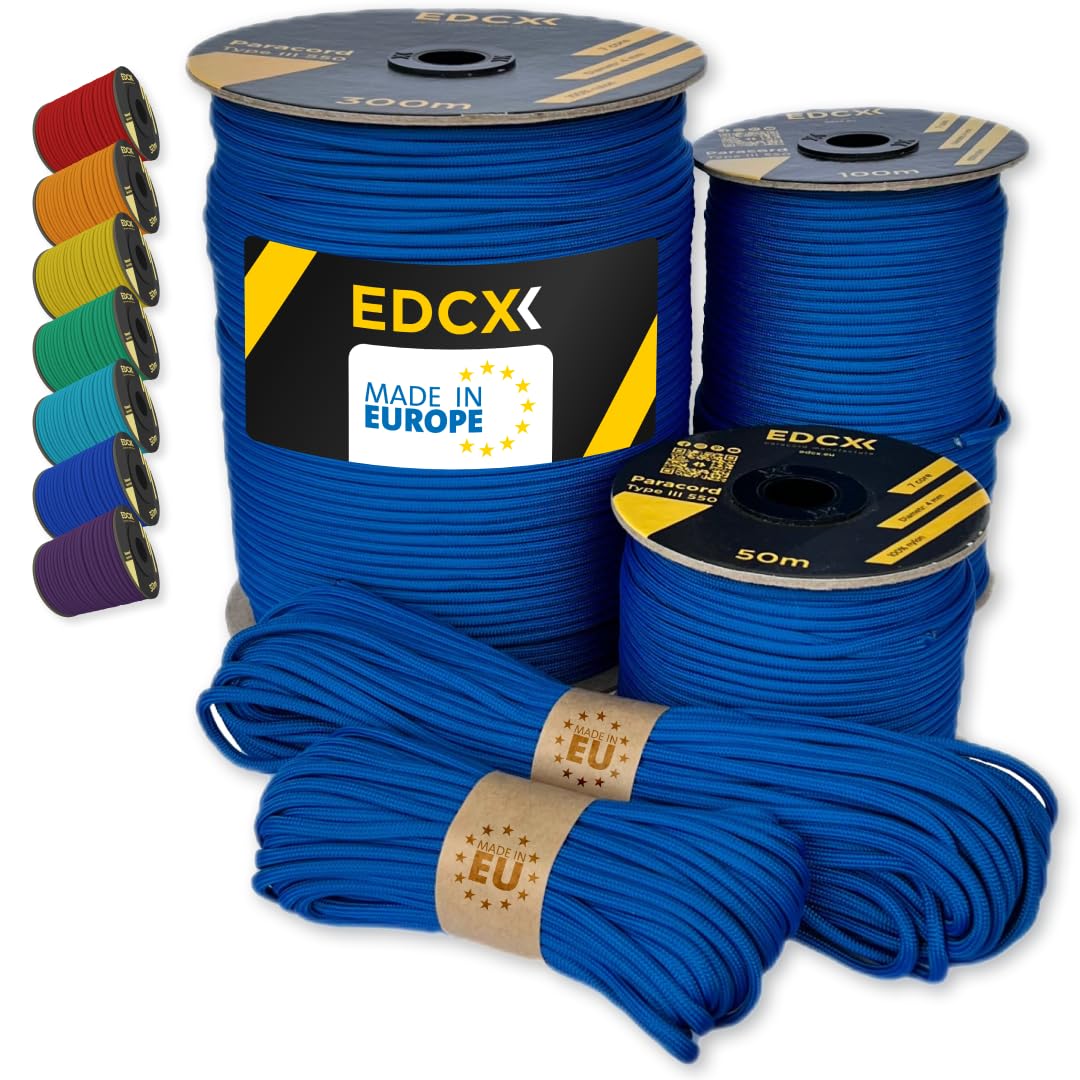 EdcX Paracord 4mm, 35+ Solid Colors (10m, 15m, 30m, 50m, 100m, 300m) | Ideal for Crafting, DIY, Camping, Survival, Outdoor | 100% Nylon Rope 4mm | Tactical Cord 550 Type III (Blue, 300 m) — image 1
