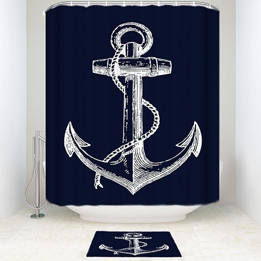 Amazon Com Sun Shine Custom Nautical Navy Blue Anchor Bathroom Shower Curtain Sets With Mats Rugs And Accessory Home Kitchen