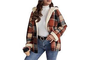 GOHRSHA Womens Plaid Flannel Fleece Jacket - Long Sleeve Sherpa Lined Shacket with Hood Warm Cute Zip Up Hoodies Trendy