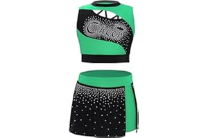 TSSOE Kids Girls Cheerleading Outfit Cheer Leader Sleeveless Shiny Crop Top with Side Slit Mini Skirt