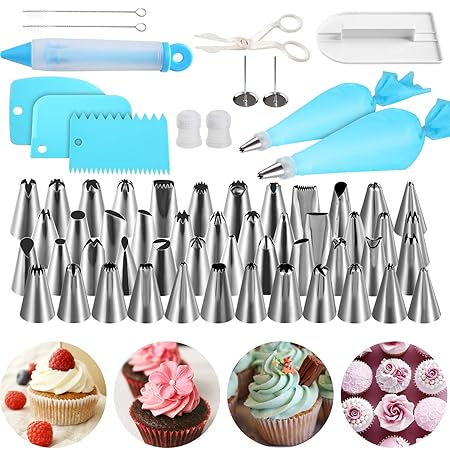 NEXGADGET 62 Teiliges Spritztüllen Set mit 48 Edelstahldüsen, 3 Schaber, 2 Reinigungsbürste, 2 Silikonbeutel, 2 Blütennägel, 