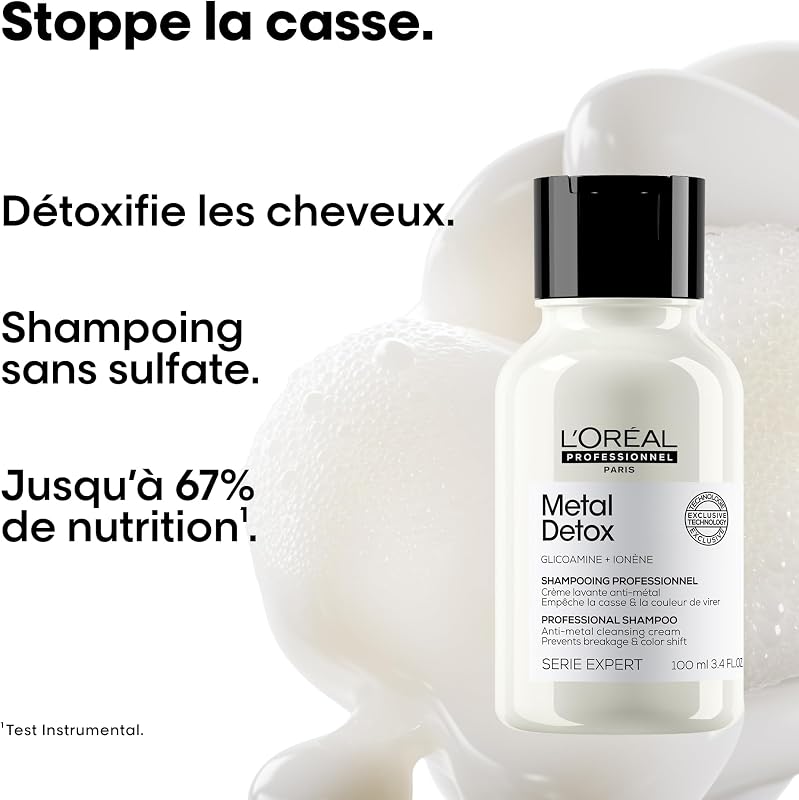 L'OREAL PROFESSIONNEL - Crème Lavante Metal Detox - Shampoing Anti-Casse & Anti-Metal - +67% de Nutrition - Empêche La Couleur de Virer - Cheveux Secs, Abîmés & Cassants - Format Voyage 100 ml