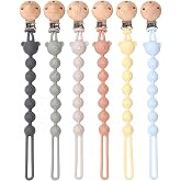6-Pack Silicone Pacifier Clips, Wooden Clip Baby Pacifier Holder for Baby | Soft &amp; Safe Strap Keeps Pacifier Clean,Flexible &amp; Stretchy,Fits Most Pacifiers,Rust-Resistant Clip,Baby Essentials