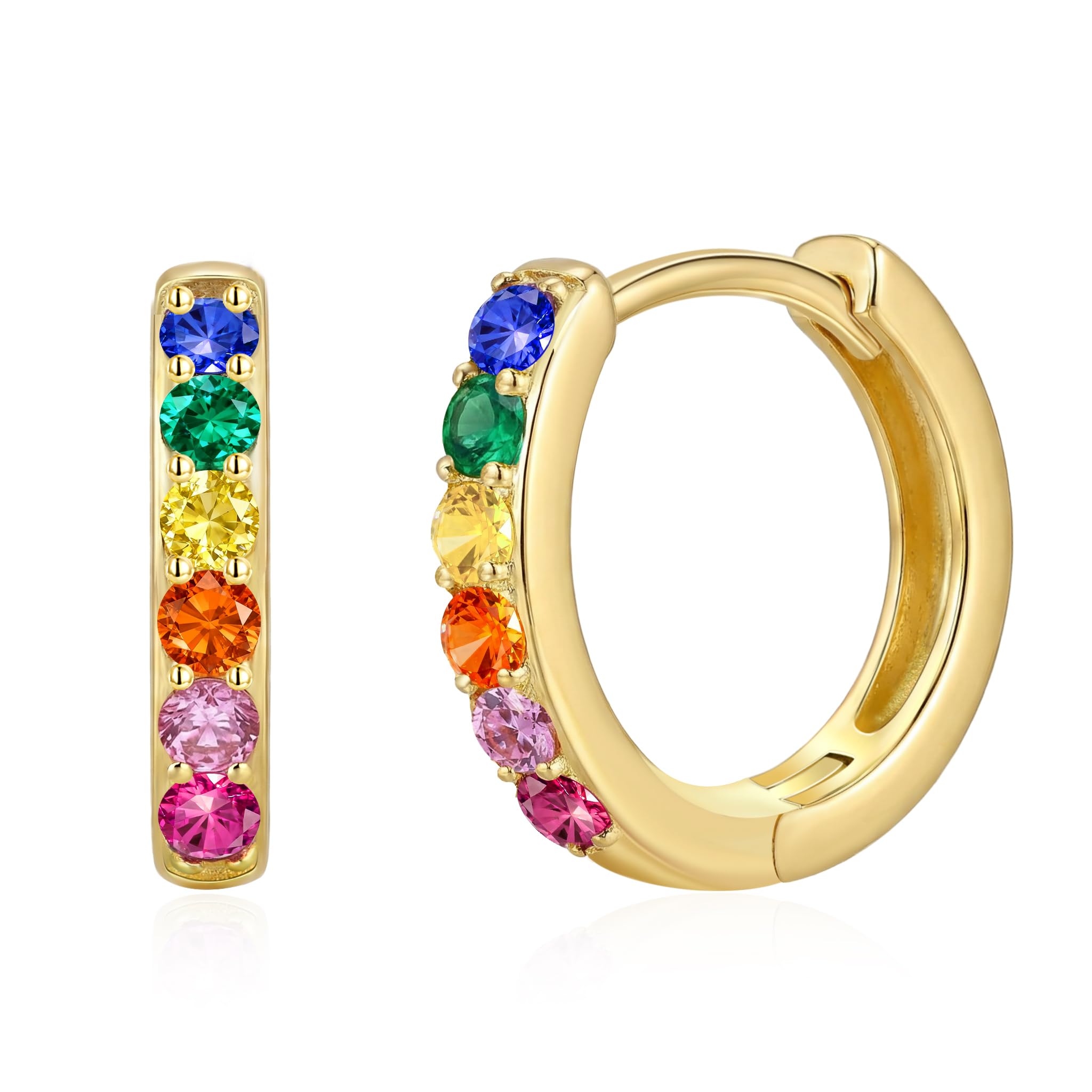 Rainbow Huggie Hoop Earrings 14K Gold Plated Silver 12MM Small Hoop Earrings Co…