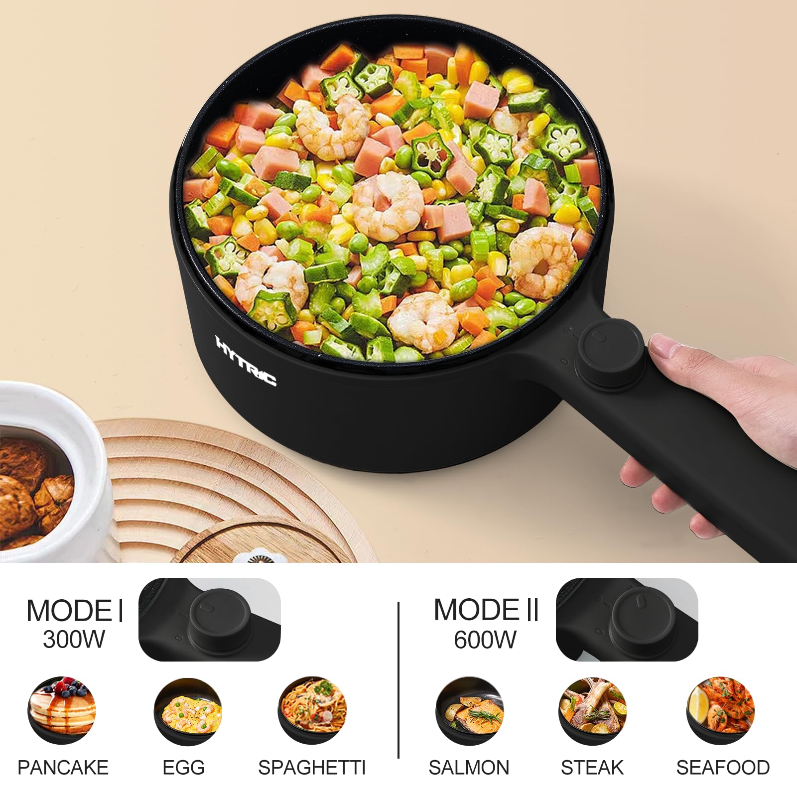 HYTRIC Hot Pot Electric, 1.5L Portable Non-stick Frying Pan, Electric Cooker for Steak, Egg, Pasta, Ramen Cooker with Dual Power Control, Mini Electric Pot for Office, Dorm Room Essential, Black