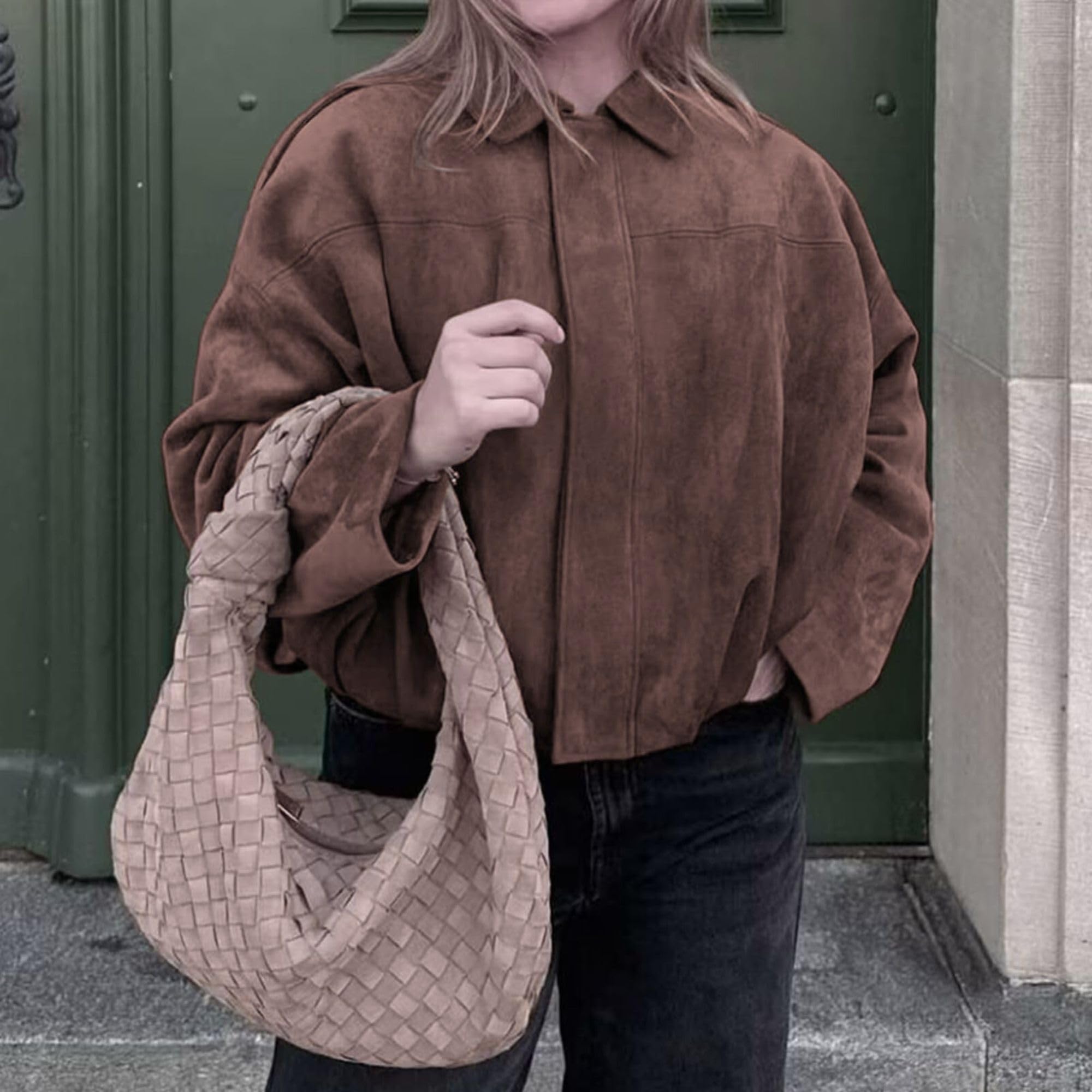 Xunger Women's Faux Suede Bomber Jacket Spring Lapel Pilot Coat Casual Oversized Long Sleeves Trendy Streetwear Outerwear, Coffee, Medium