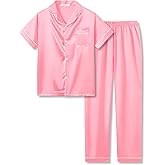 Tebbis Satin Pajamas for Girls - Neon Pink Cute Silky Short Sleeves & Pants Sleepwear PJ Set Size 6/7-16