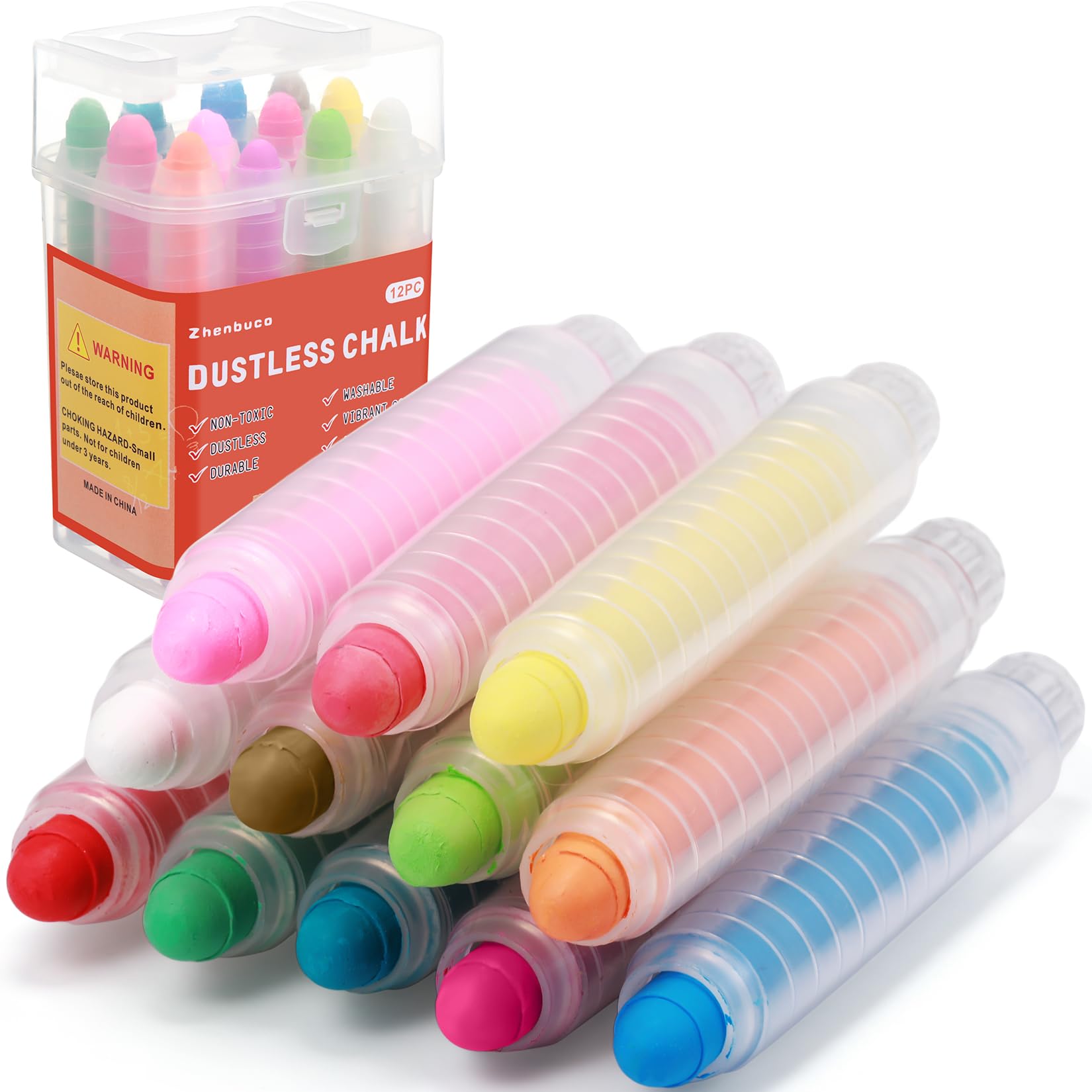 Zhenbuco Dustless Chalk for Kids - 12 PCS Twistable Non-Toxic Washable Easter Sidewalk Chalk with Holder | Unique Art Tool for Outdoor & Indoor Blackboard Fun | Packed in Plastic Box