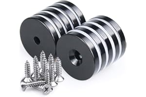 LOVIMAG 1.26”D x 0.2”H Black Epoxy Coated Neodymium Disc Countersunk Hole Magnets. Strong Permanent Rare Earth Magnets with Screws for Tool Room, Science, Craft, Office, etc - Pack of 10