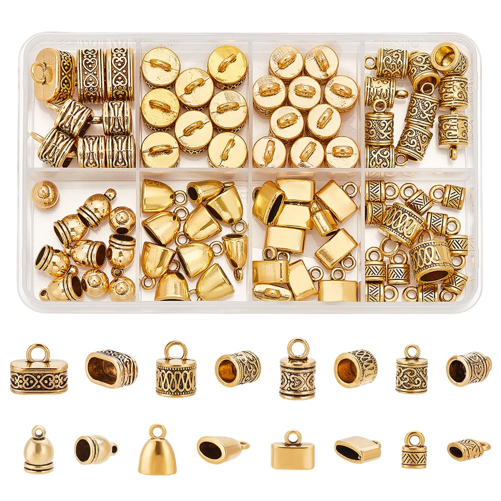 PandaHall Elite – 78pcs 8 Styles Tibetan Style Alloy Cord End End Caps for Jewellery Making Bracelet, Antique Gold