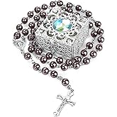 NCPLYGOU 8mm Rosary Beads Necklace, Rosary Beads Catholic for Men and Women Comes in a Metal Gift Box, First Communion Rosaries Necklace as Gifts(Coffee color)