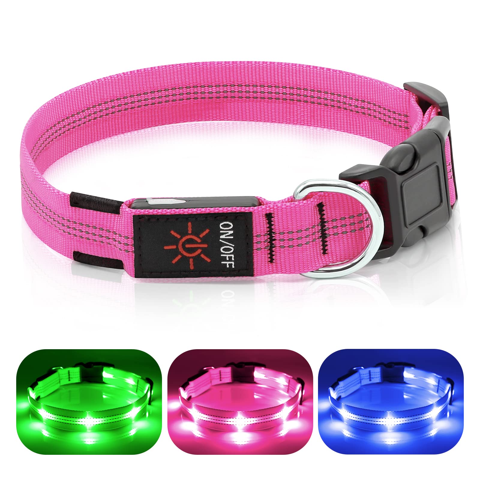 Weesiber Light Up Dog Collar, LED Dog Collar Lights for the Dark, Rechargeable Flashing Dog Collars, Waterproof Lighted Dog Collar with 3 Flash Modes (Pink, Medium)