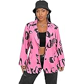 WDIRARA Women's Letter Graphic Printed Long Sleeve Plus Size Casual Blazer Jackets with Flap Pockets