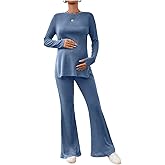 OYOANGLE Women's Maternity Lounge Set 2 Piece Long Sleeve Side Split Ribbed Top and Flare Pants Pregnancy Fall Clothes