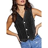 Sidefeel Women's Denim Vest Sleeveless V Neck Zimbaplatinum Jean Vest Top Button Down Crop Waistcoat Vest Summer Outfit