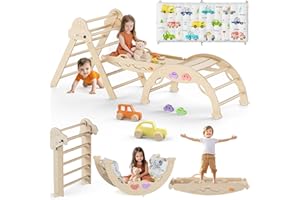 KIDSBUDDY Pikler Triangle Set with Cushion 9 in 1 Foldable Montessori Climbing Toys for Toddlers 1-7 Indoor Wooden Kids Playground Baby Climbing Toys with Maze Toys, Shape Sorter Toys, Car Toys
