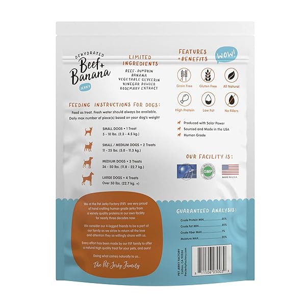 PET JERKY FACTORY PREMIUM BEEF AND BANANA 12 OZ. DOG JERKY TREATS | 100% HUMAN GRADE | USA MADE | HIGH PROTEIN | GRAIN FREE | LIMITED INGREDIENTS | NO FILLER | BHA-BHT FREE | SOFT-TENDER