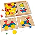Melissa & Doug Pattern Blocks and Boards with 120 Multi-Colored Wooden Shape Tiles, 5 Double-Sided Puzzle Boards, Tangram Puz