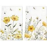 TAJWE Spring Kitchen Towels 18x26 Inch Set of 2 Yellow Floral Flowers Dish Cloths Farmhouse Summer Holiday Hand Rags for Home Decoration