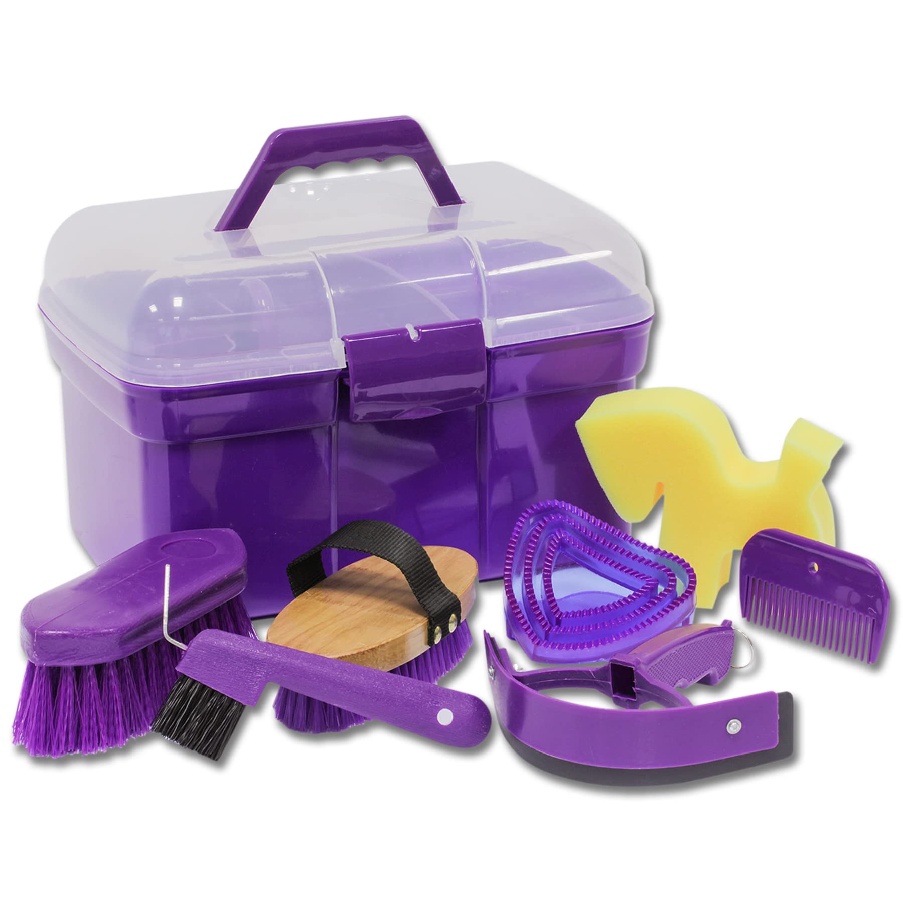Cleaning box for children, including brush, root brush, mane comb, hoof scraper, mini welding knife and horse sponge, Unisex, purple