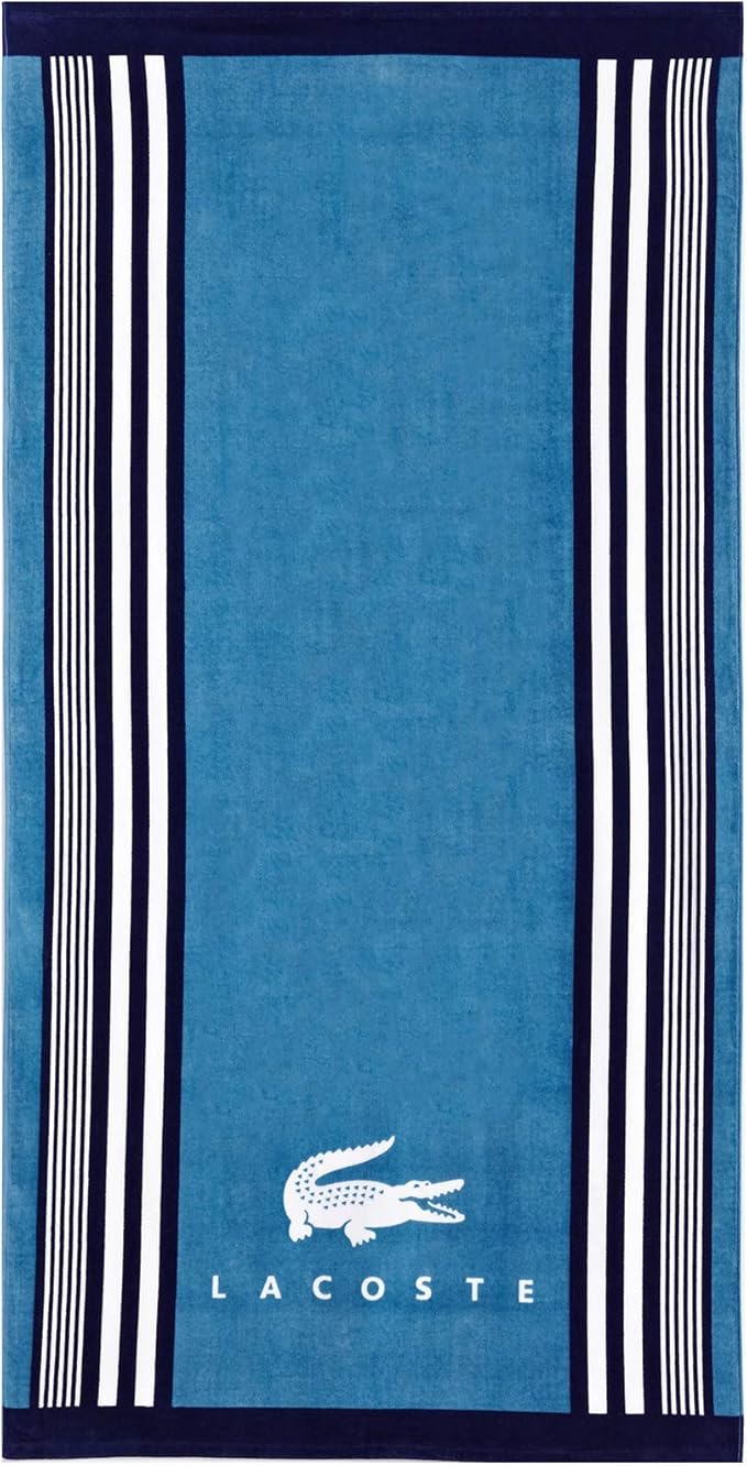 Lacoste Oki 100 Cotton Beach Towel, 36" W x 72" L, Teal/Blue Iconic