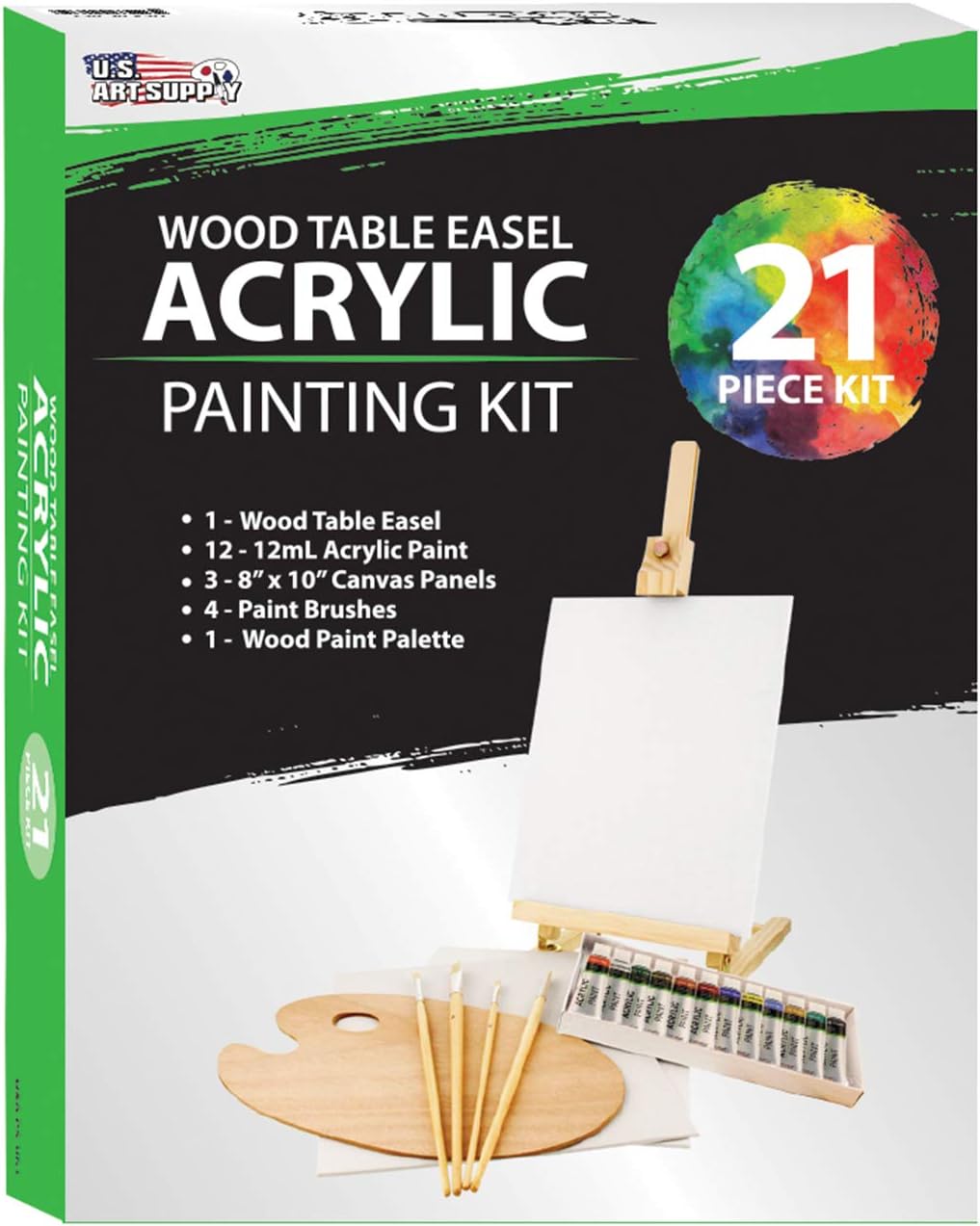 US Art Supply 21-Piece Wood Studio Table Easel & Paint Box Set with 12 Paint Colors, Canvas Panels, Brushes, Wood Palette (Acrylic Paint Kit)