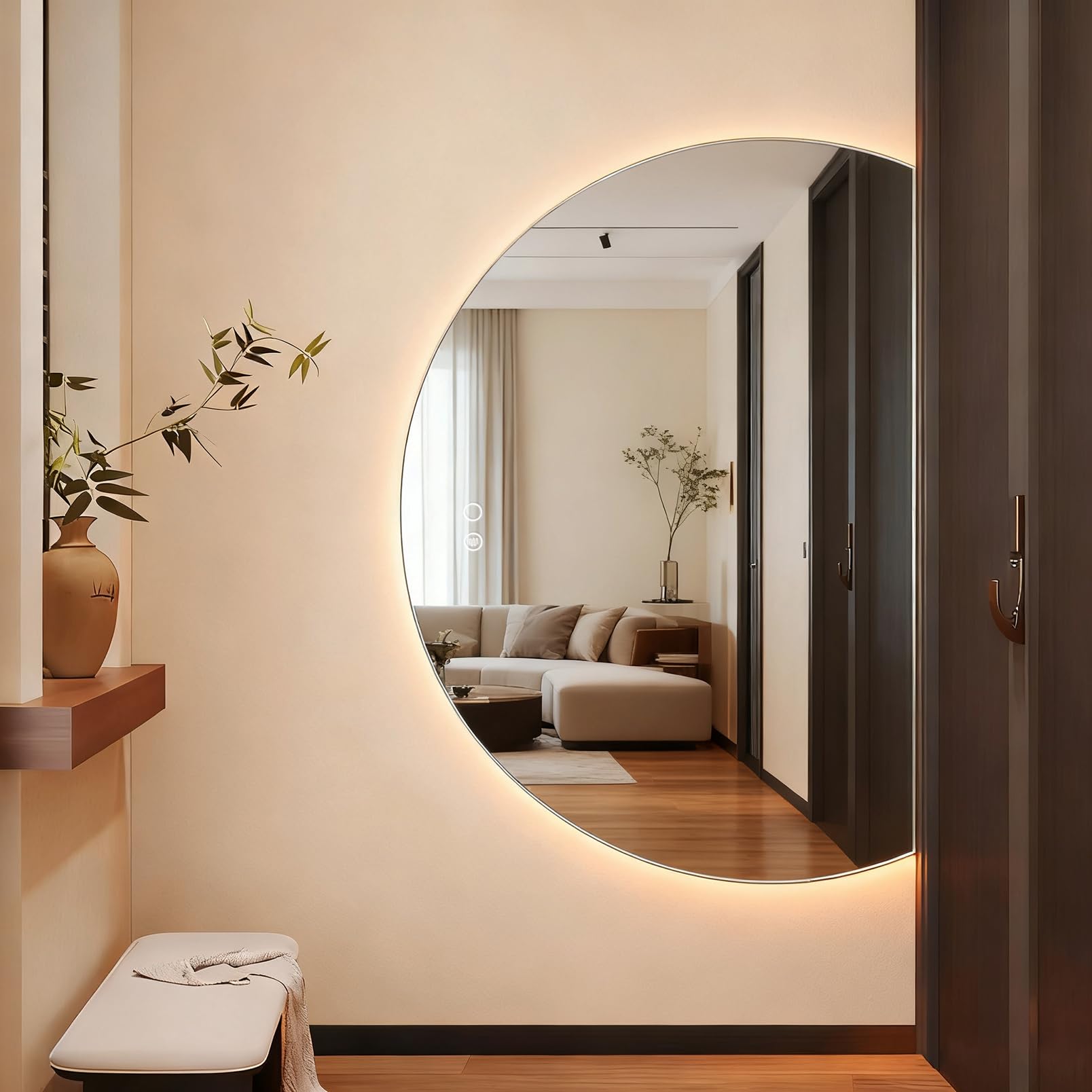 Photo 1 of RIQAKU 51"x35" Modern Half Moon LED Mirror for Wall, Large Frameless Decorative Lighted Mirror for Bathroom Living Room Entryway, Semicircular Anti-Fog Vanity Mirror
