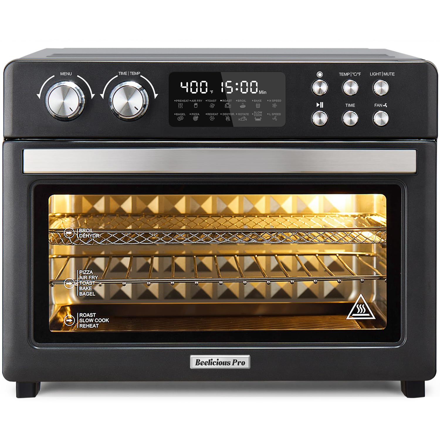 Combo de horno tostador y freidora de aire 28QT, horno de convección grande 12 en 1 con convección HeatWave de próxima generación, cocción de 3 capas, asador para pollo, se adapta a pizza de 11", accesorios completos, negro brillante