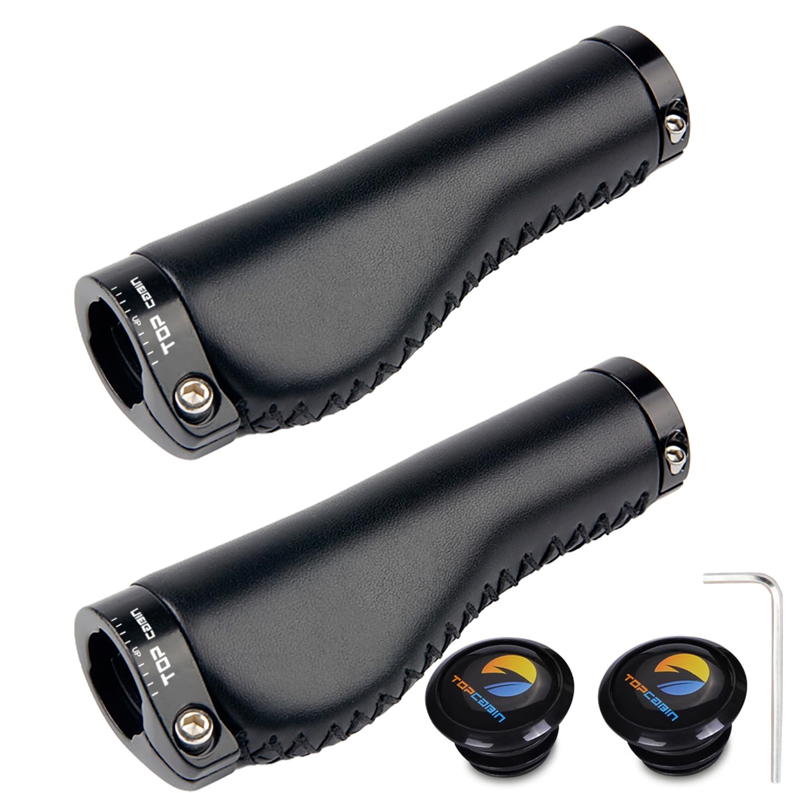Photo 1 of TOPCABIN Bicycles Handlebar Grips, Aluminum Lock-on Ergonomic Bike Grips, Cushion Vibrations Comfort Bike Handlebar Grips, Mountain MTB BMX Bicycles Grips for Scooter (Hand-Sewn ATF Leather(Black))