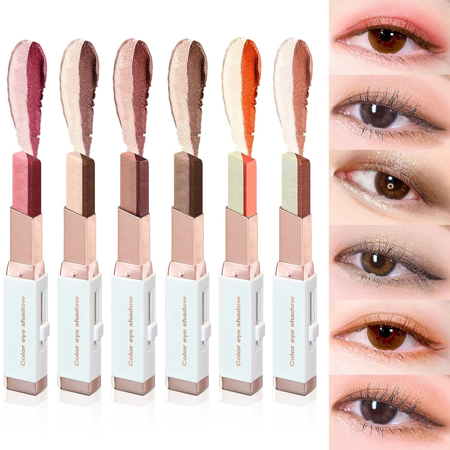 6 Colors Eyeshadow Stick Set, Double Colors Eye-Shadow Stick Glitter Shimmer Eyeshadows Pen Gradient Eyeshadow Waterproof Long Lasting Eye-shadow Matte Eyeshadow Stick