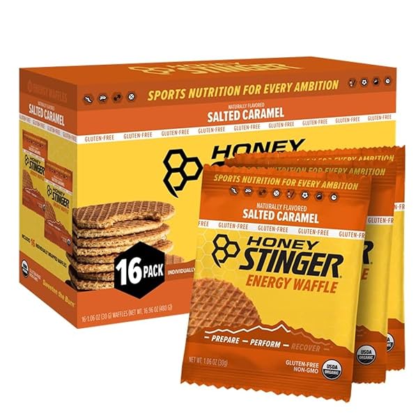 HONEY STINGER ORGANIC GLUTEN FREE SALTED CARAMEL WAFFLE, ENERGY STROOPWAFEL FOR EXERCISE, ENDURANCE AND PERFORMANCE, SPORTS NUTRITION FOR HOME & GYM, PRE & POST WORKOUT, 16.96 OUNCES (PACK OF 16)