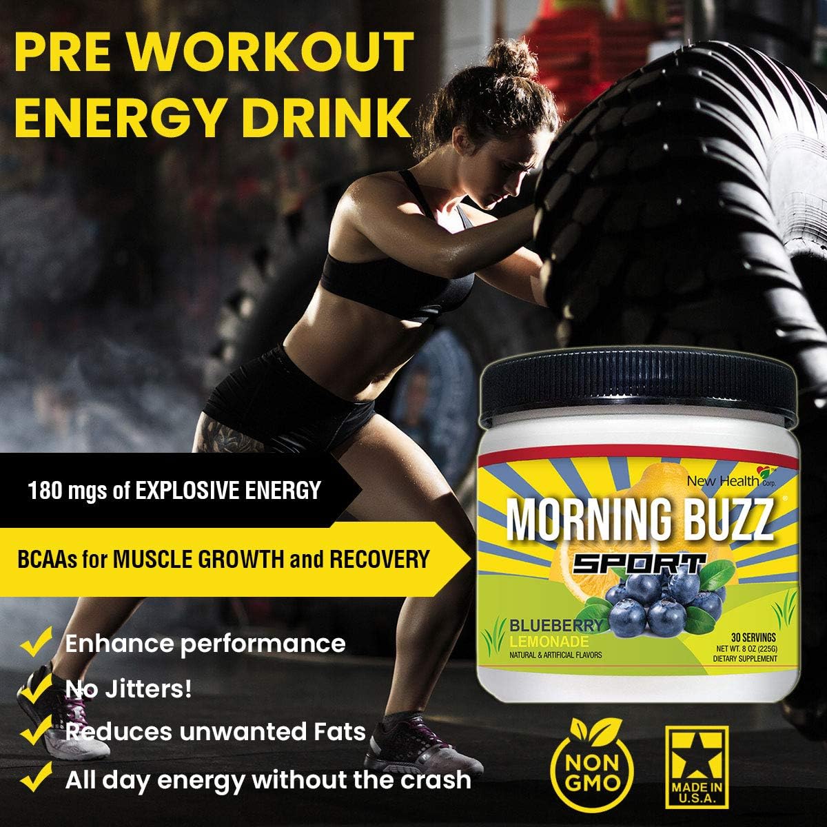 Morning Buzz Sports Energy Drink Mix by New Health, Pre Workout, Sports Nutrition Drink, Supports Lasting Energy, Endurance, Mental Clarity, and Metabolism, 8 Ounce Powder Mix, 30 Servings (Yellow): Health & Personal Care
