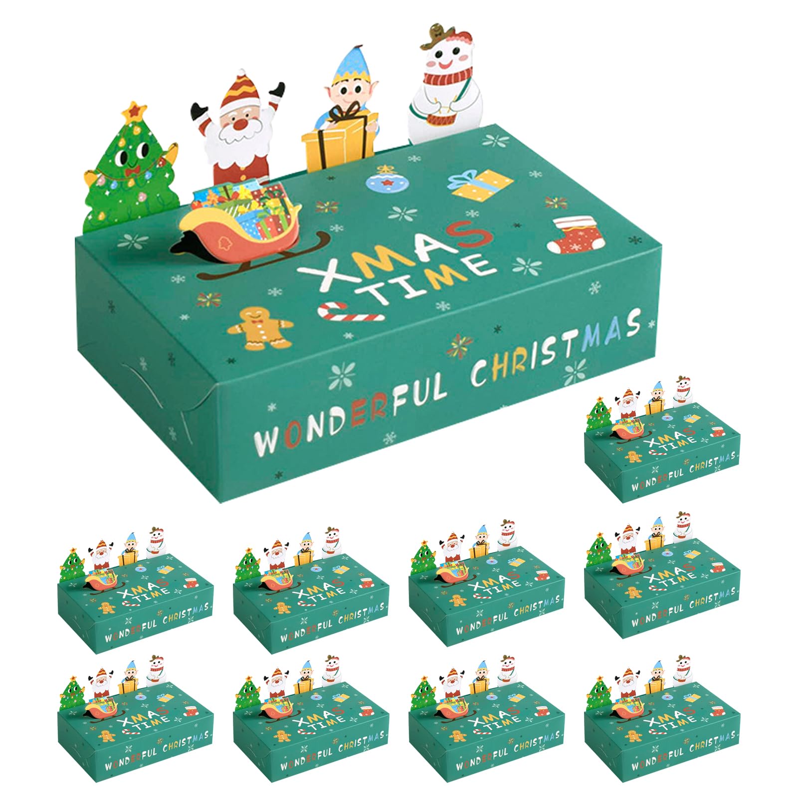 KASESSS 10Pcs Christmas Cookie Boxes, Christmas Green Gift Boxes, Paper Christmas Cupcake Boxes, Christmas Boxes for Gifts, Easy Assemble Sweet Boxes Empty for Kids Girls Boys Christmas Party Decor