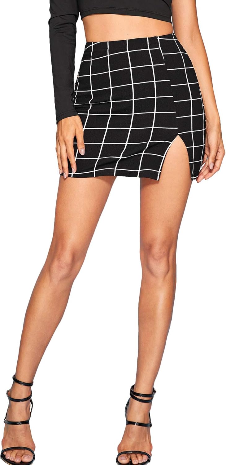 Floerns Women's Plaid Bodycon Split Mini Skirt: Clothing