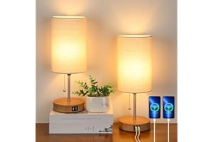 LAKUMU Set of 2 Table Lamps with 2 USB Ports, Modern Bedside, Desk Lamps with Pull Chain, Nightstand Lamps with Cream Fabric Shade and Oak Metal Base for Living Room Bedroom Office Reading Dorm Hotel