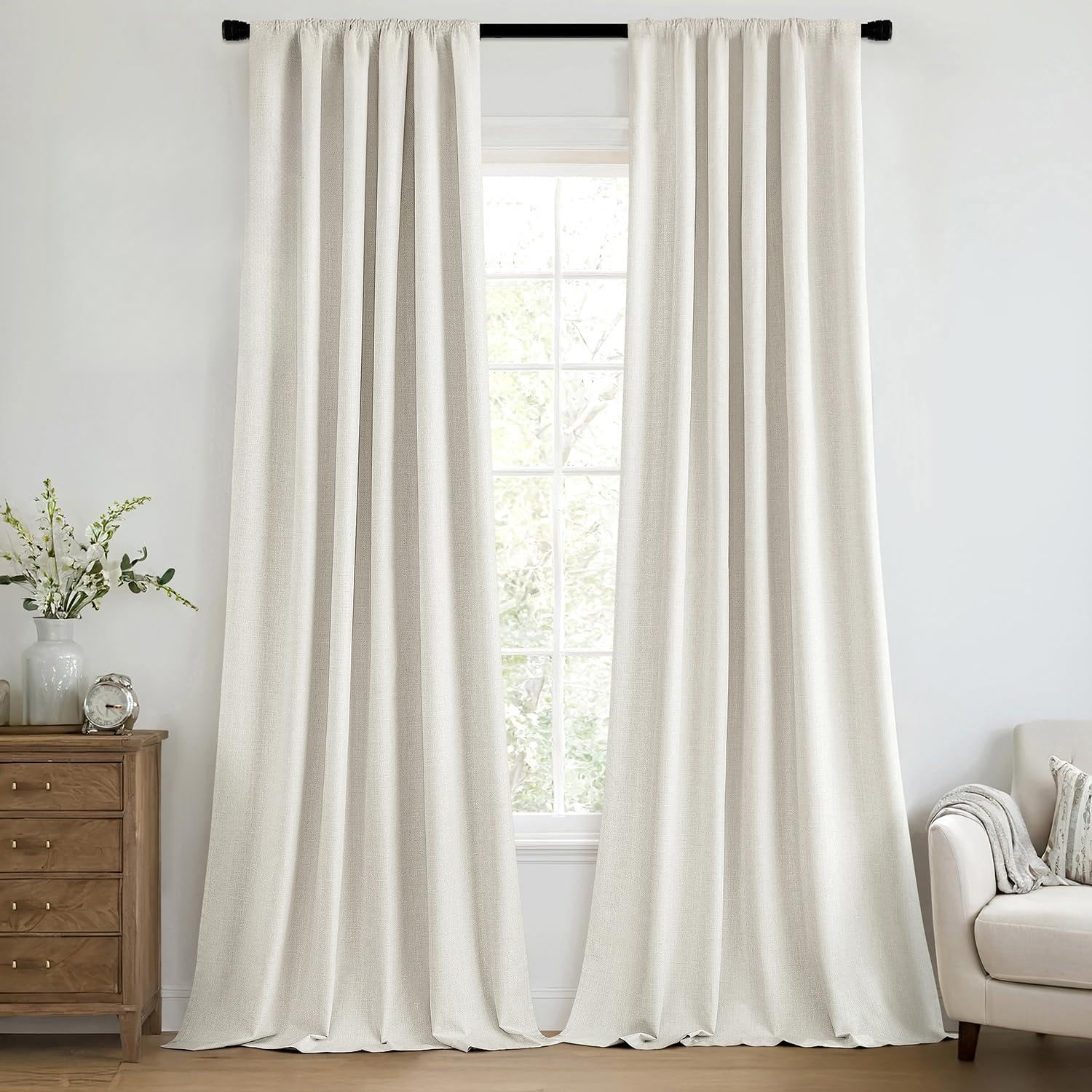 Photo 1 of MIULEE 100% Blackout Curtains 84 Inch Long 2 Panels for Bedroom, Thick Luxury Faux Linen Black Out Curtain Room Darkening Back Tab Pleat Window Textured Drapes with Hooks for Living Room, Ivory