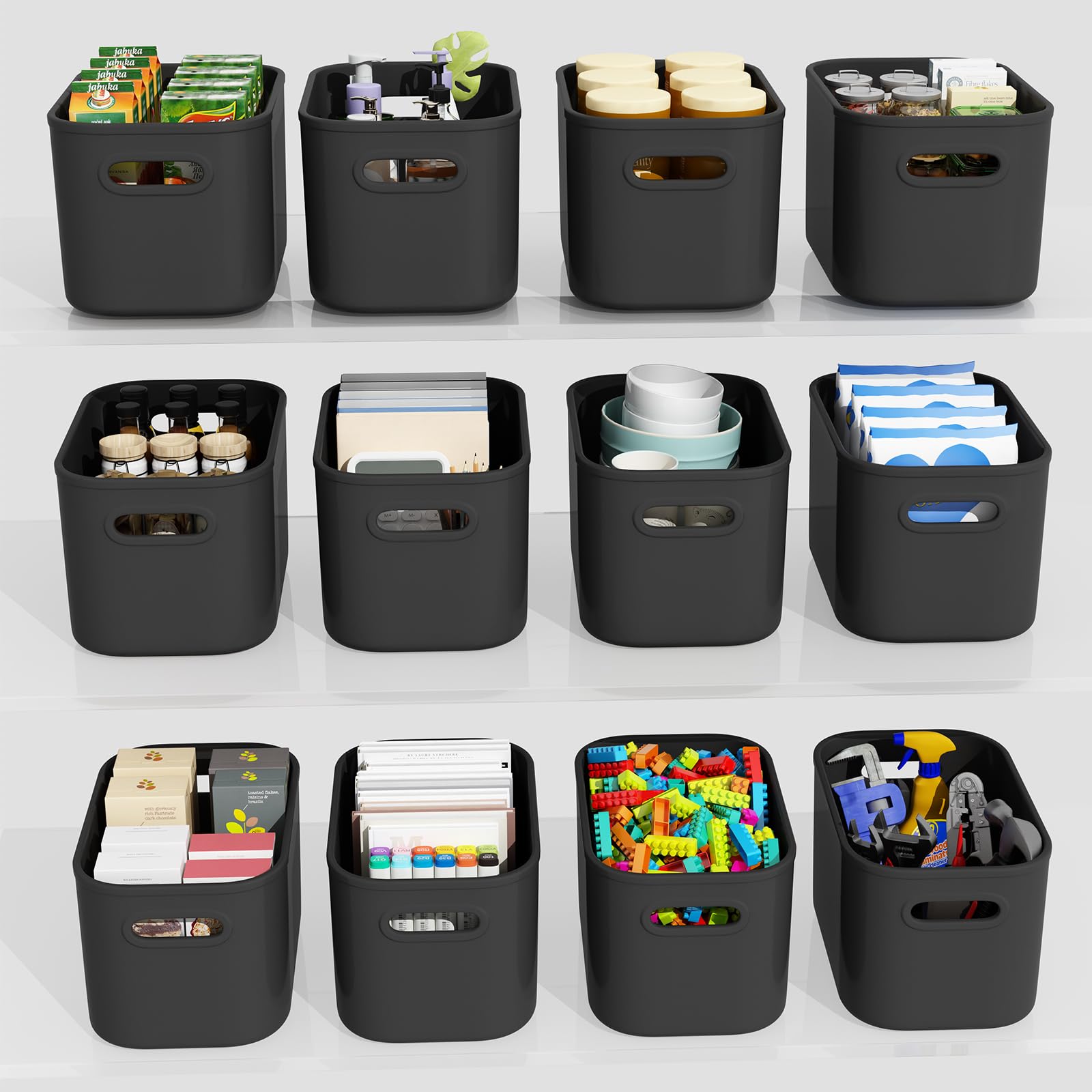 Photo 1 of 12 Pack Black Storage Bins for Shelves, Plastic Storage Containers for Organizing, Stackable Storage Boxes with Handle, Black Storage Bins for Classroom, Craft, Snacks, Cabinet, 9.7x6.7x5.7inch