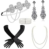 BABEYOND 1920s Flapper Accessories Gatsby Costume Accessories Set 20s Flapper Headband Pearl Necklace Gloves Plastic Holder