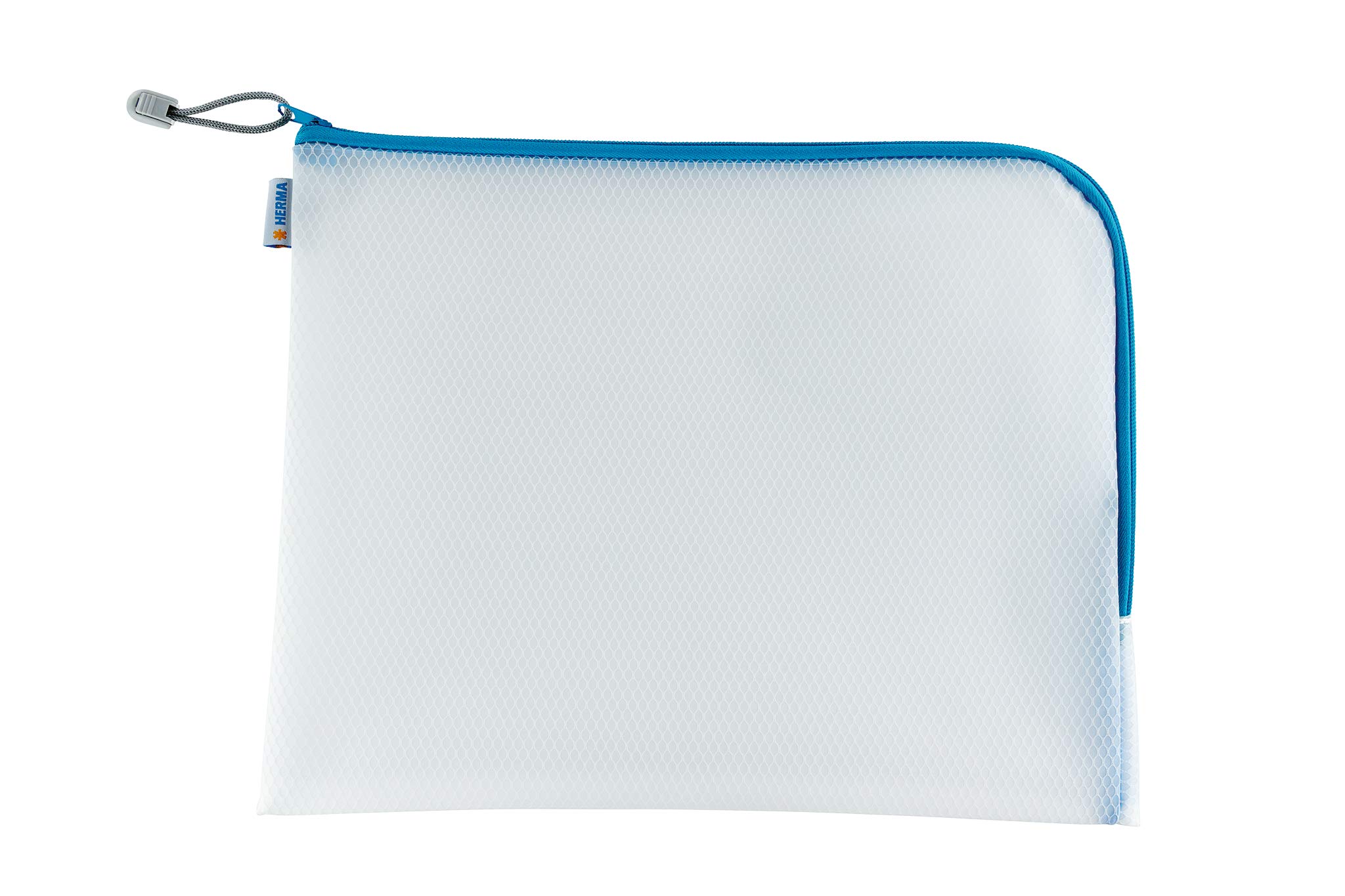 HERMA 20015 Zip Document Bag A4, transparent (36 x 28 cm) large zippered mesh pouch with zipper for laptop, tablet, books, papers, toys, clear storage wallet with zipper in blue — image 1