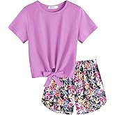 Arshiner Girls 2 Piece Outfits Summer Clothes Short Sleeve Tops and Paperbag Waist Shorts Set Cute Outfits 5-14