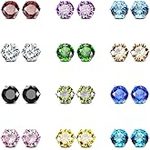 JewelrieShop Stud Earrings for Women Stainless Steel Post Earrings Hypoallergenic CZ Birthstone Ear Studs Earings (12 pair, 6mm)
