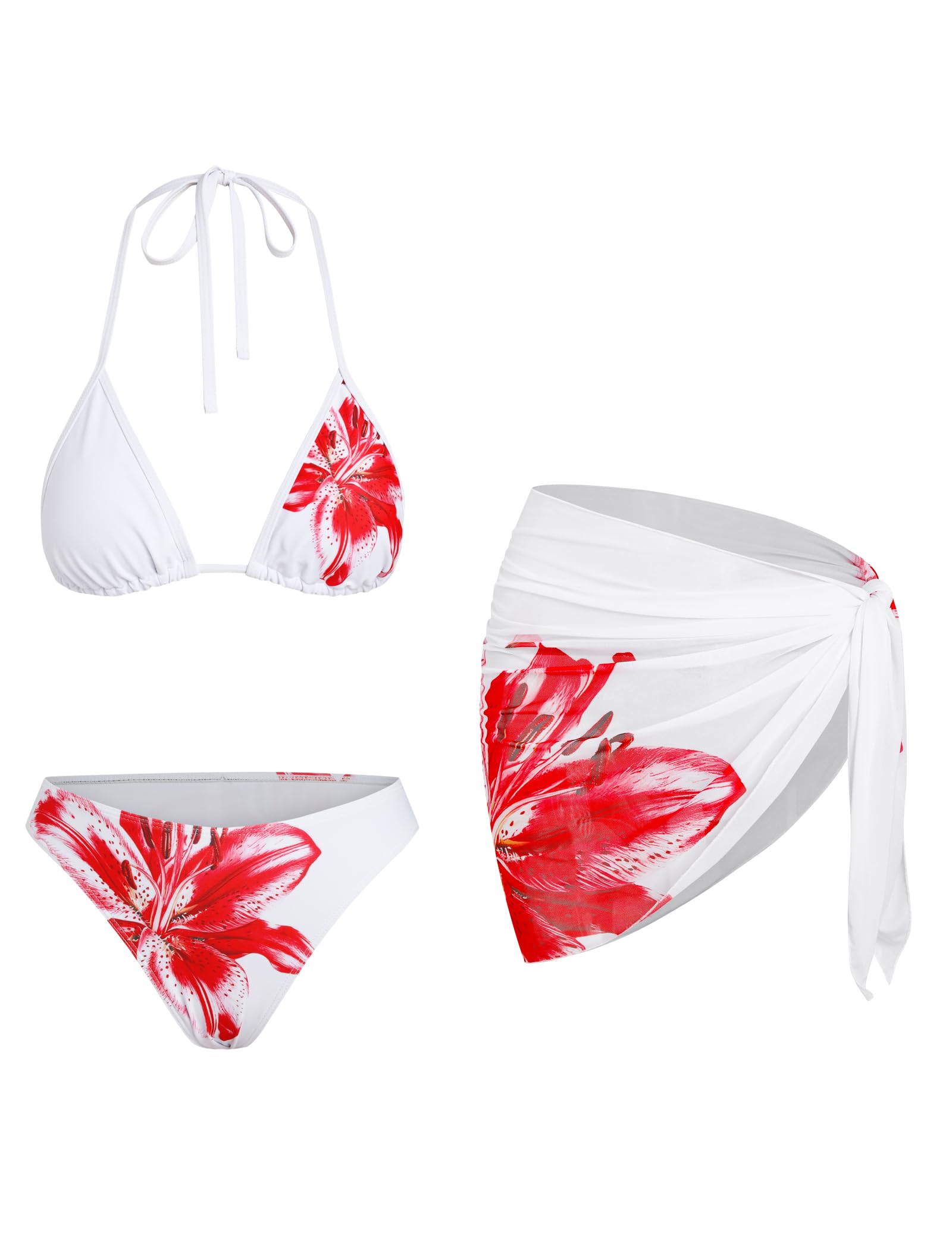 ZAFUL Womens 3pcs Swimsuit Floral Halter Triangle Bikini Top Tie Side ...
